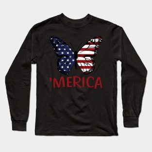 American Flag Butterfly 4Th Of July Usa Patriotic Merica Long Sleeve T-Shirt